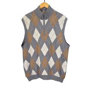 Fairway Greene Mens XXL Italian Merino Argyle Quarter Zip Sweater Vest Grey Tan